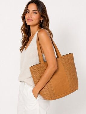 Day & Mood Genuine Leather Tote Bag Tan Textured Large Shoulder Bag Boho Chic